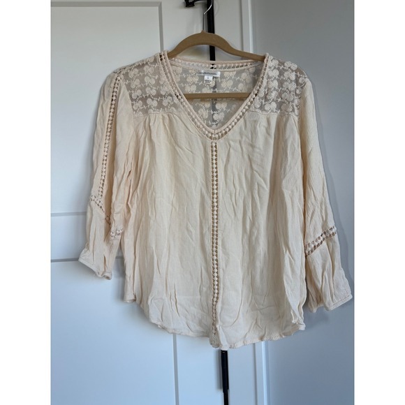 John Paul Richard Women's Cream Crochet Lace Trim V-Neck 3/4 Sleeve Top - L - Picture 2 of 6